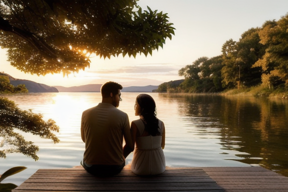 Imagem de um casal em frente a um lago calmo, de mãos dadas, admirando o pôr do sol