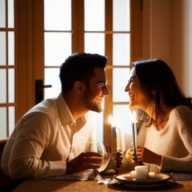 Casal feliz desfrutando de um jantar aconchegante em casa