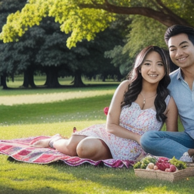 Casal feliz desfrutando de um piquenique em um parque