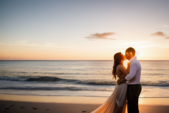 Casal apaixonado se abraçando em um cenário de pôr do sol