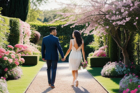 Casal caminhando de mãos dadas em um belo jardim