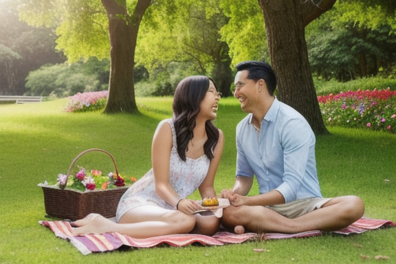 Casal feliz em um piquenique no parque