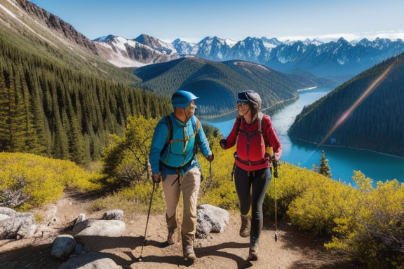 Casal aproveitando uma caminhada em uma paisagem de montanha